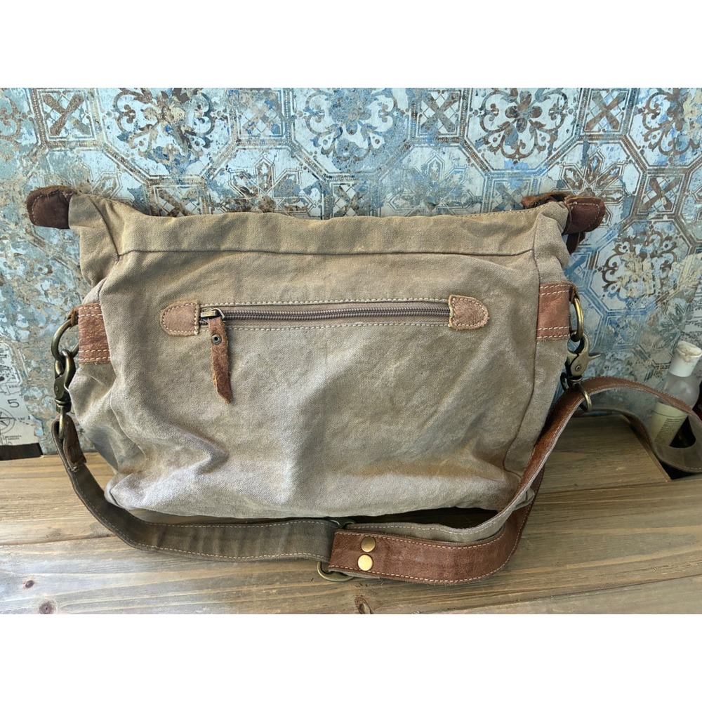 Myra Bag Canvas Leather Crossbody Bag Earth Tone Upcycled S-1294 Brown Tan - Picture 4 of 4